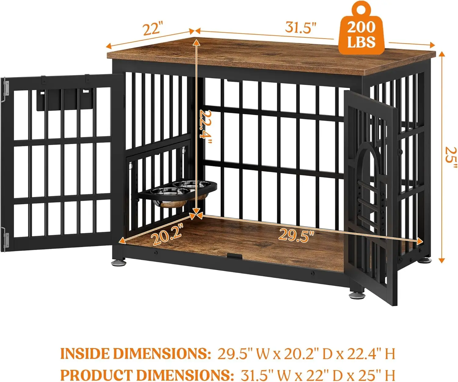 Indoor Use Wooden Dog Crate in Brown, Heavy Duty with Bowls, Can Be Used as TV Stand End Table for All Sizes of Dogs