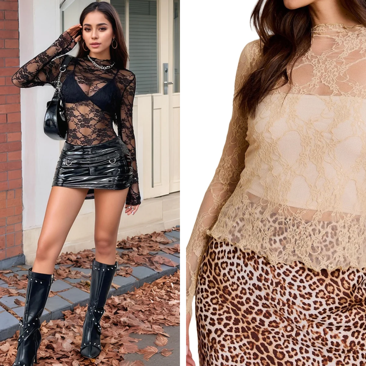 Women's See Through Black Sheer Floral Lace Tops Casual Roll Mock Neck Long Sleeve Mesh Blouses Slim Fit Shirt