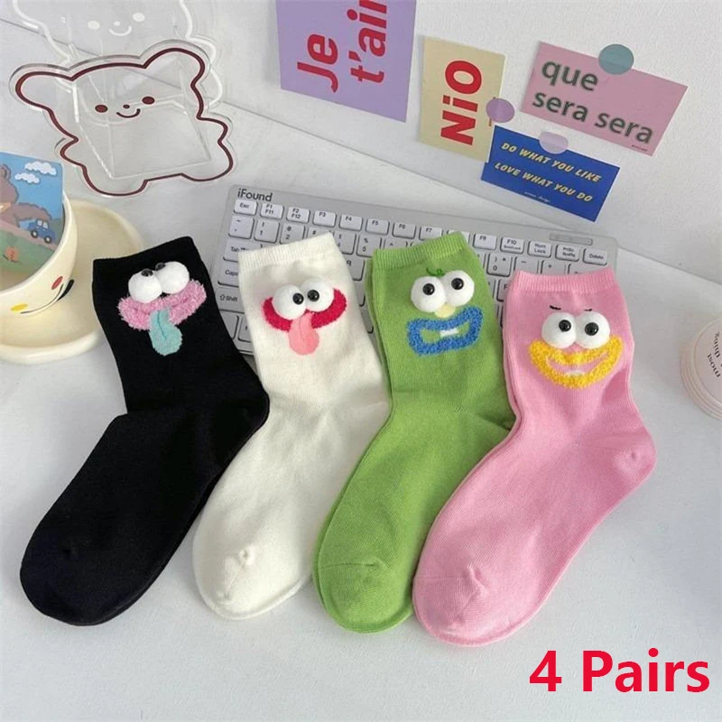 

4 пары весенних женских носков с милыми большими глазами, повседневные, удобные, дышащие, простые, в стиле кавай