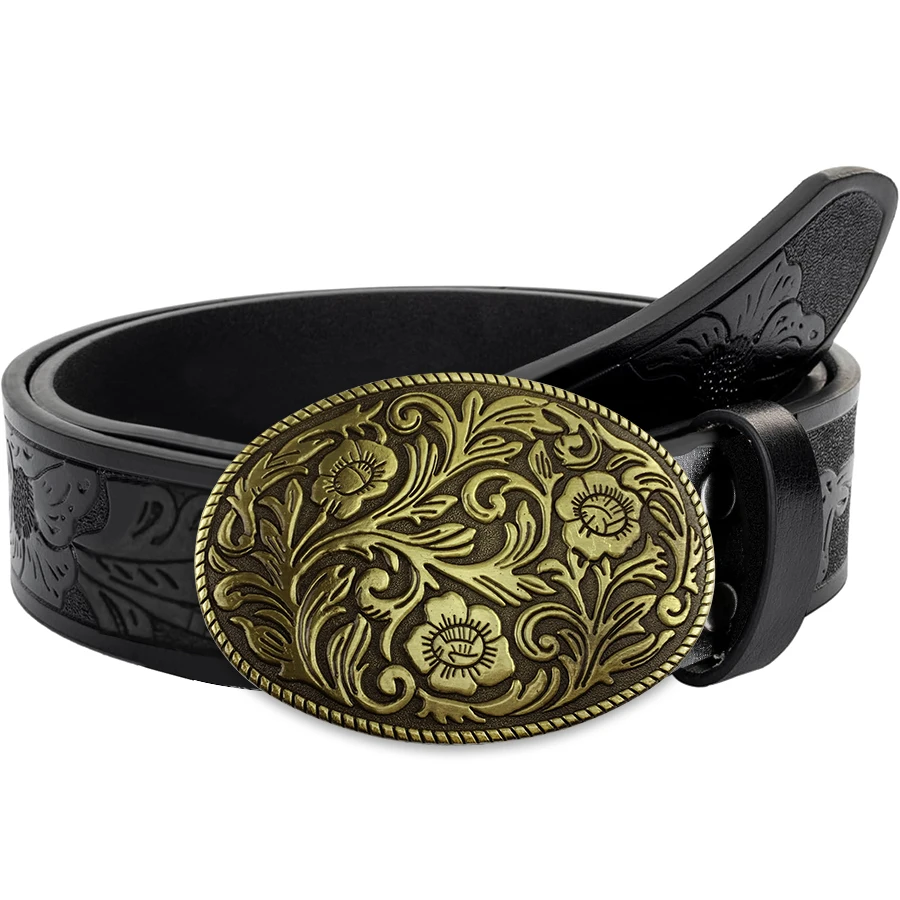 Tang Grass Pattern Buckle Belt Exquisite Carved Large Plate Buckle Alloy Buckle for Men and Women - Irregular Pattern Carved Flo