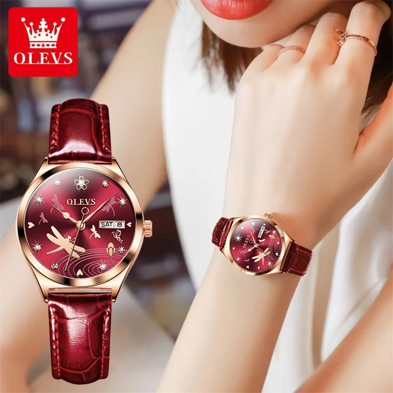 OLEVS-Reloj mecánico automático para Mujer, cronógrafo con correa de cuero de oro rosa, regalo romántico para novia