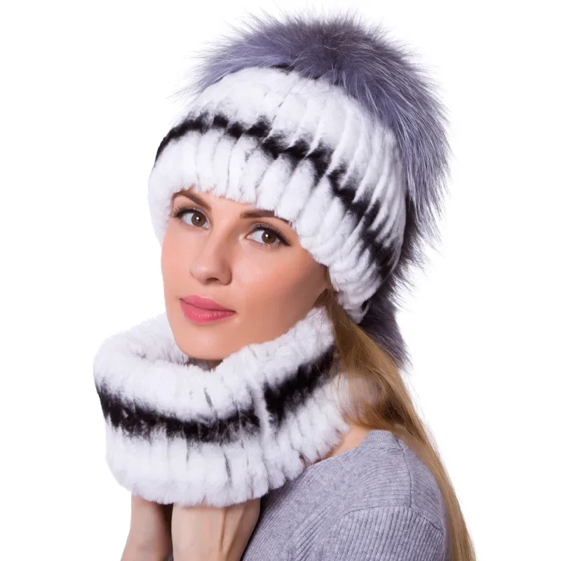 Sombrero de pelo de conejo de nutria Real para mujer, gorro de punto de piel, conjunto de cuello de pelo de zorro de invierno, dos piezas