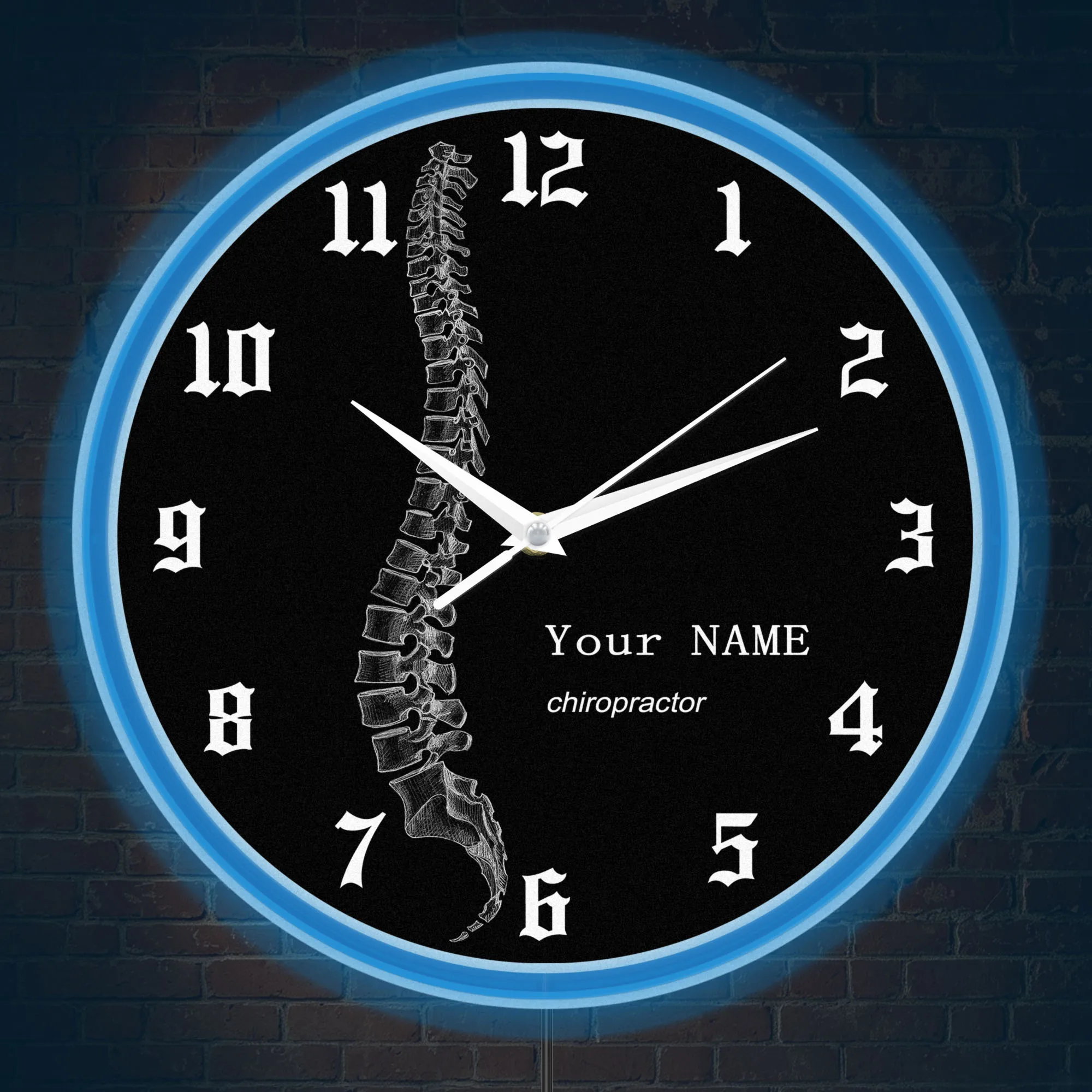 Spine Anatomy Chiropractor Personalized Name LED Neon Rim Wall Clock Human Vertebral Column Custom Physical Therapist Wall Clock