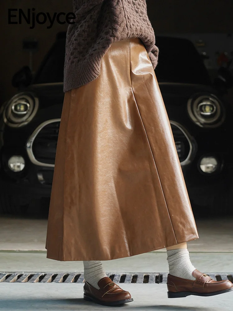 

ENjoyce 2023 Winter Women Vintage Brown PU Leather A-line Large Umbrella Skirts Korean Fashion Thick High Waist Long Skirt