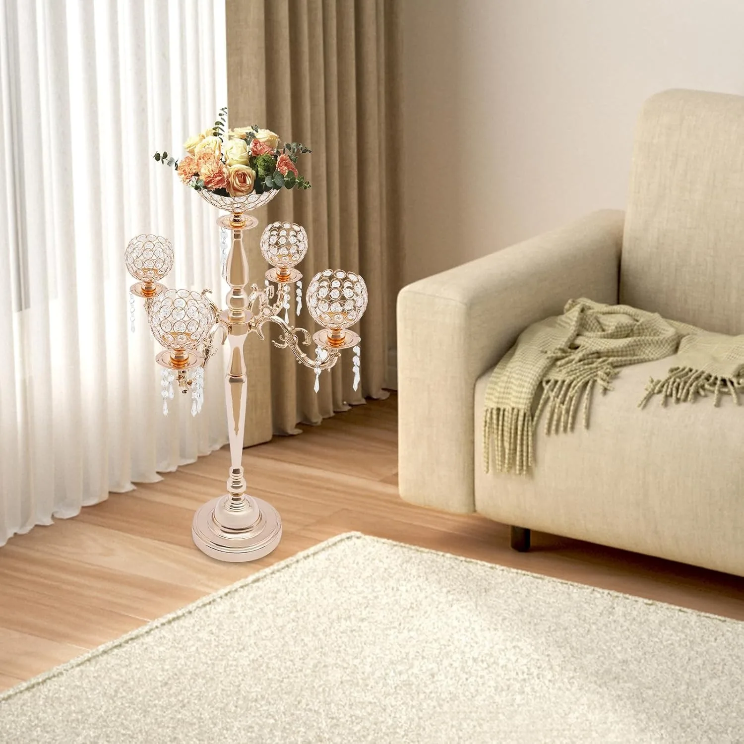 4 شمعدانات كريستالية بذراع مع حامل زهور مزهرية بذراع واحد، حامل شموع طويل 35 بوصة للشمعدانات الزهرية، شمعدانات مزهرية ذهبية Ce #1