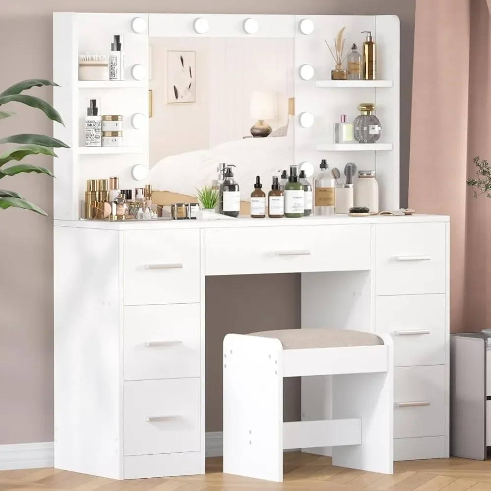 Dressing Table with Stool, LED Light and Metal Sliding Drawer, Adjustable Brightness