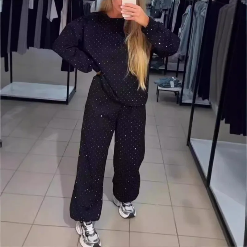 Fall Winter Rhinestone Shiny Loose Fit Set Women O Neck Sweatshirt Pullover Tie-up Pants Tracksuit Retro Loose Sport 2 Pice Set