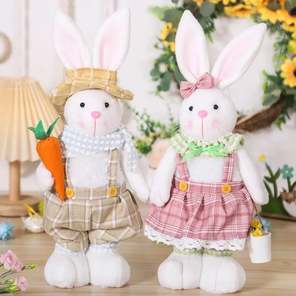 Easter Decorative Rabbit Cartoon Retractable Leg Couple Rabbit Doll Home Ornament Overalls Skirt Bunny Doll Easter Party Gifts