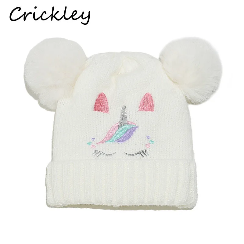 

Cute Pom Pom Children Hats Embroidery Unicorn Cartoon Girls Hats Autumn Winter Warm Soft Knitted Kids Caps