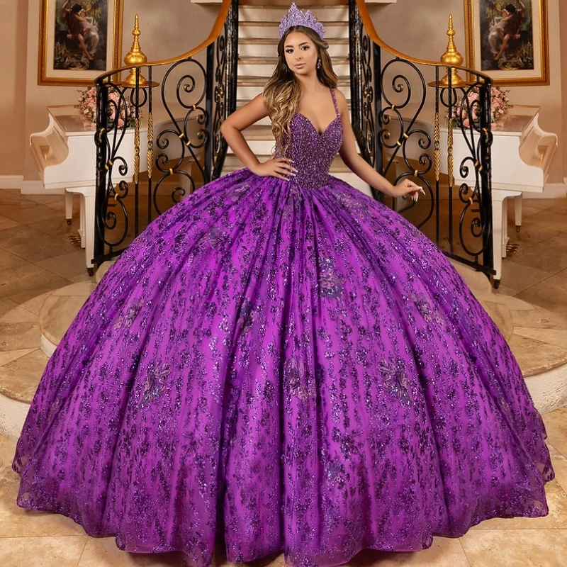 

Purple Shiny Quinceanera Dresses Ball Gown Spaghetti Strap Applique Lace Beads Crystal Tull Corset Sweet 16 Dress Vestido De 15