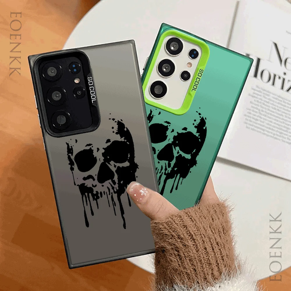 Black Skull Matte Laser Hard Phone Case for Samsung Galaxy S25/S24/S23/S22/S21/S20 Ultra/Plus/FE/A25/A34/A54 5G - Stylish Design