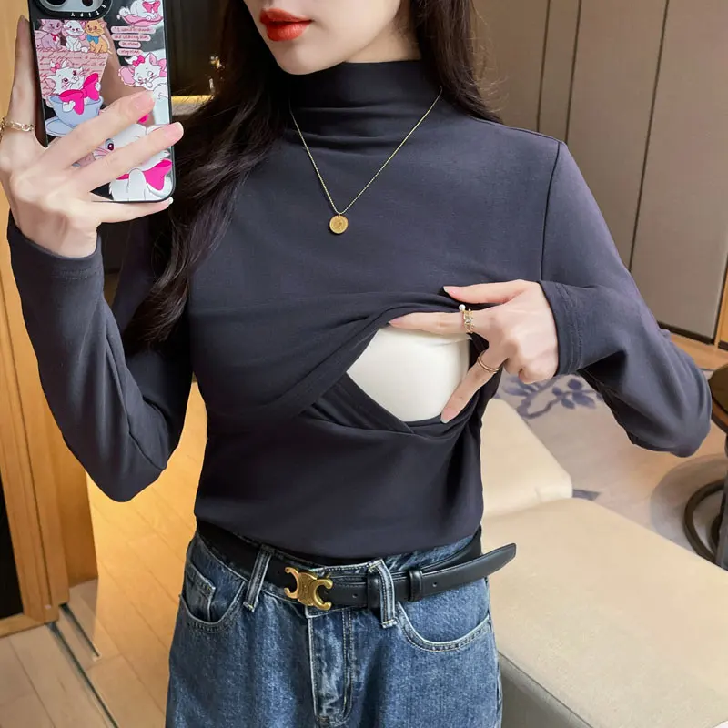 Turtleneck Plus Velvet Thermal Maternity Nursing Tees Slim Breastfeeding T-shirts for Pregnant Women Pregnancy Bottoming Tops