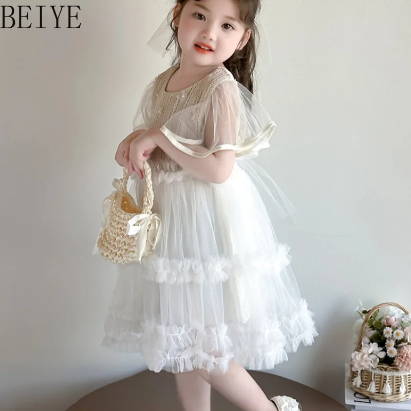 Toddler Vintage Fairy Dress Round Neck Puff Sleeve Floral Multi-Layer Ruffle Tulle Dress Children Baptism Birthday Outfit