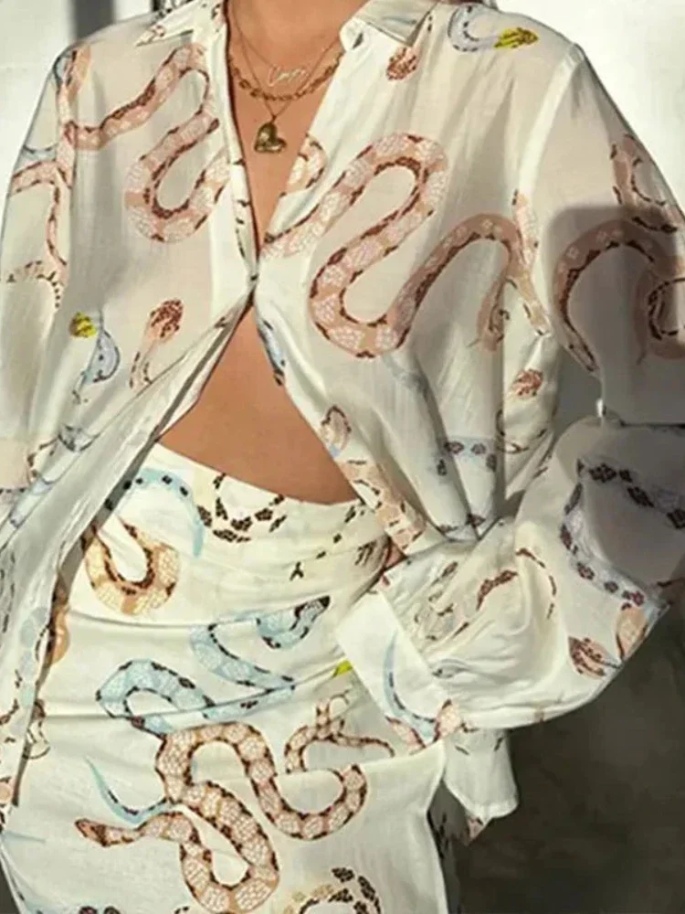 カジュアル長袖ボタンアップ襟レディーススカートスーツルーズ V ネックプリントトップハイウエストハーフスカート夏のスーツ女性のための