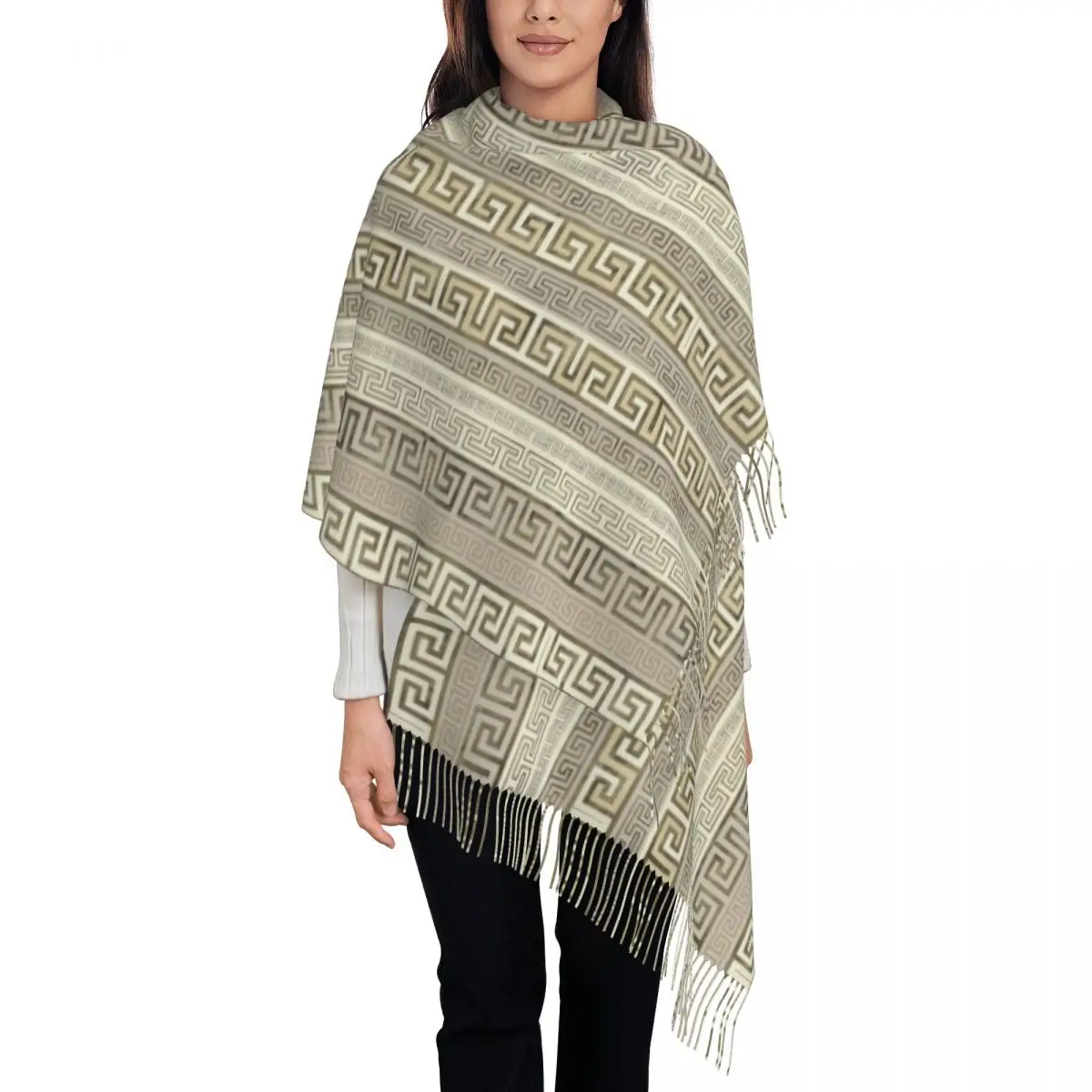 Greek Meander Pattern Tassel Scarf Women Soft Greek Key Ornament Shawls Wraps Lady Winter Scarves