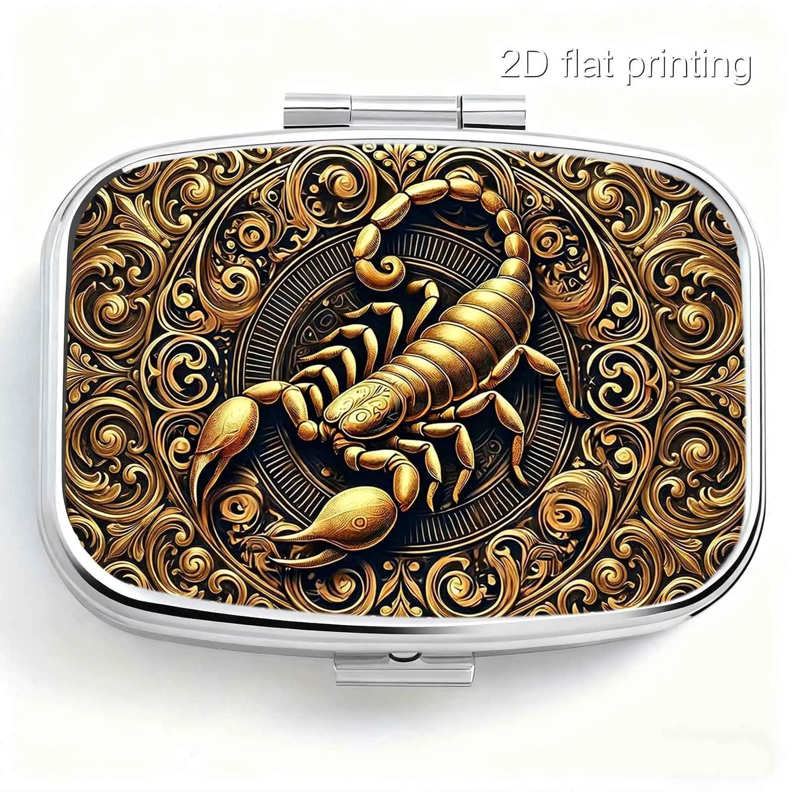 1Pc Flat Printing Prescription Pill Box, Gold Scorpion Embossed Decorative Pattern, Retro Mysterious Carving Style, Portable Metal Material, Lightweight and Convenient for Travel, Suitable for Various Occasions, Small Pill Storage, Easy to Store, Compact and Exquisite Decorative Box, Suitable for All Seasons, Personal Medication Distribution Box