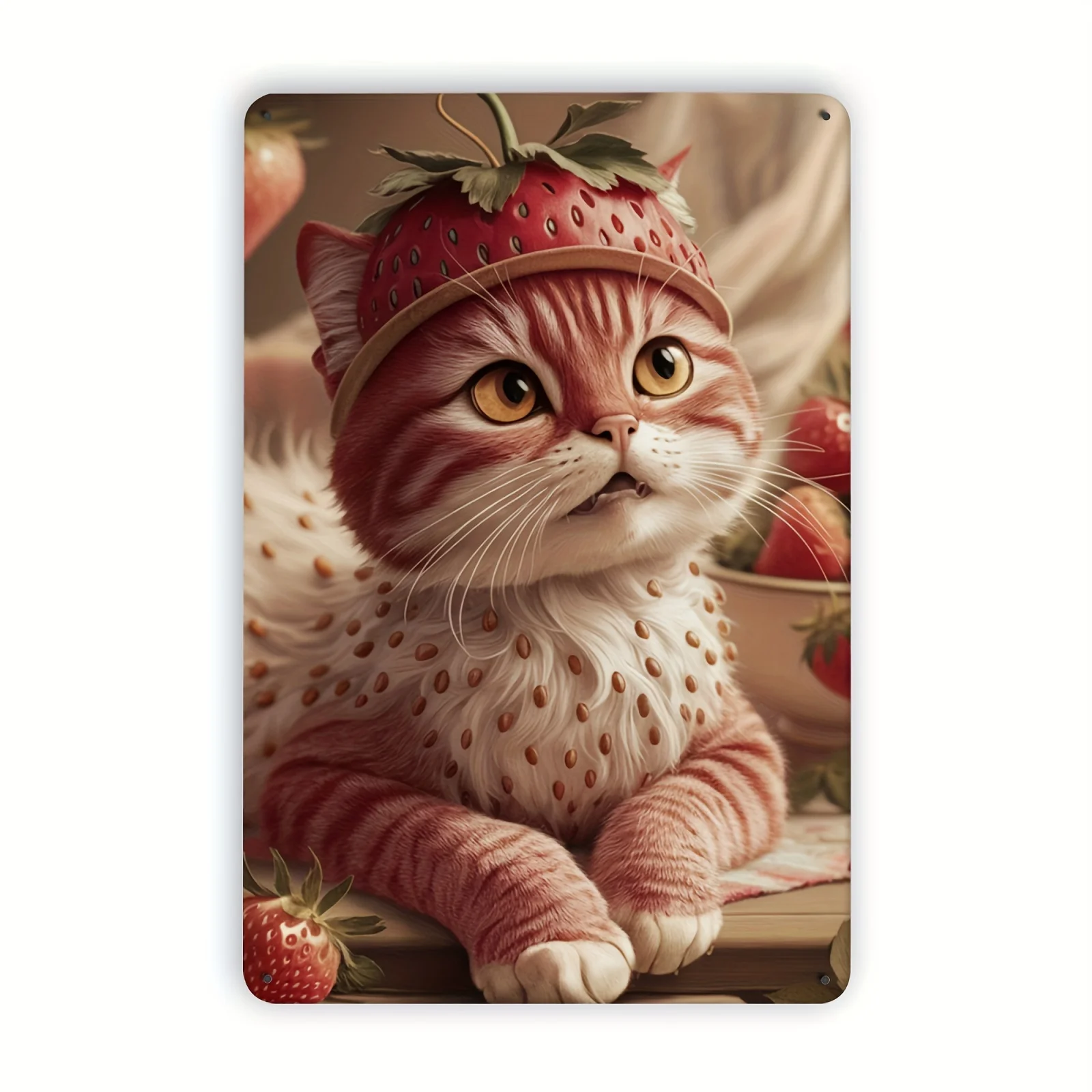 Fantasy Strawberry Cat Art Print Vintage Tin Sign - Enchanting Kitchen Wall Decor - Iron Foil Engraving for Nursery, Playroom
