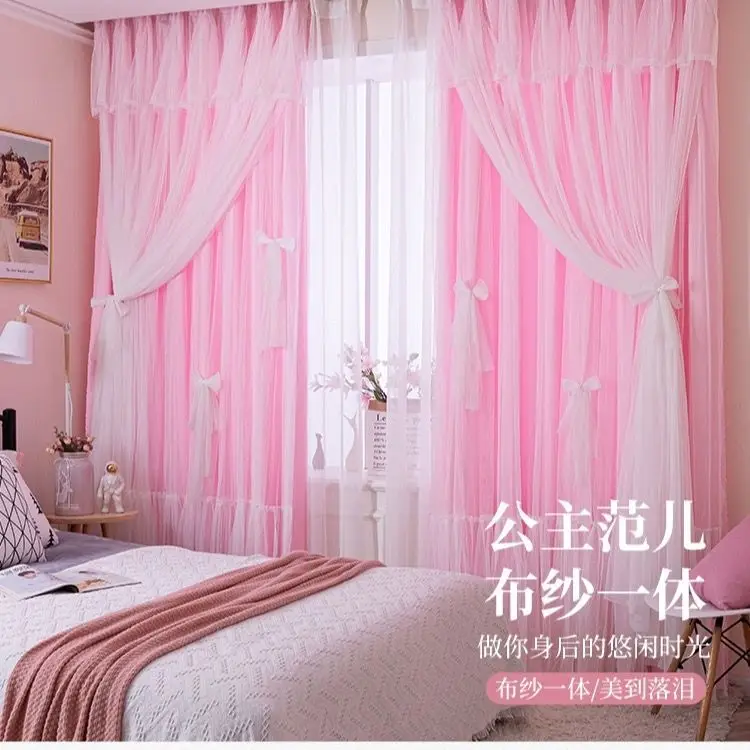 Korean Princess Style Double Layered Curtais for Bedroom Living Room Wedding Room Simple Lace Triple Layered Curtain