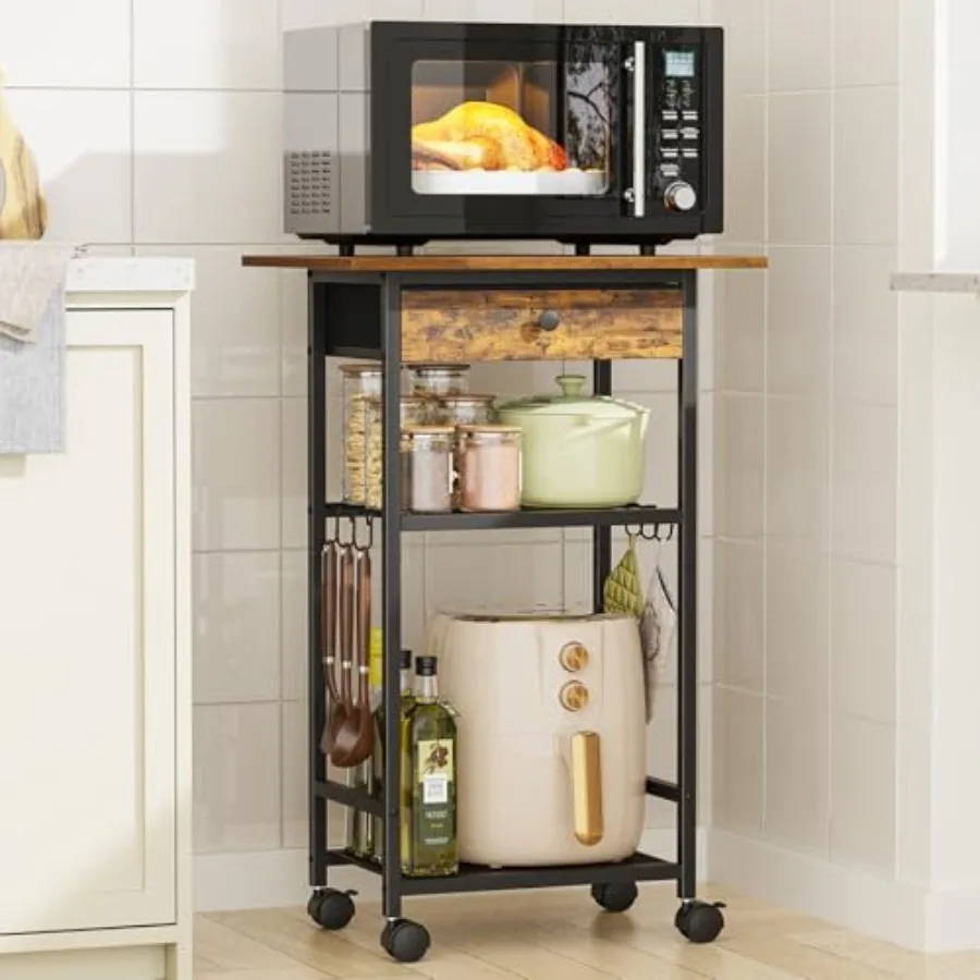Microwave Cart 4-Tier Microwave Stand with Adjustable Shelf Kitchen Storage Cart on Wheels Coffee Bar Cart Shelf for Living Roo