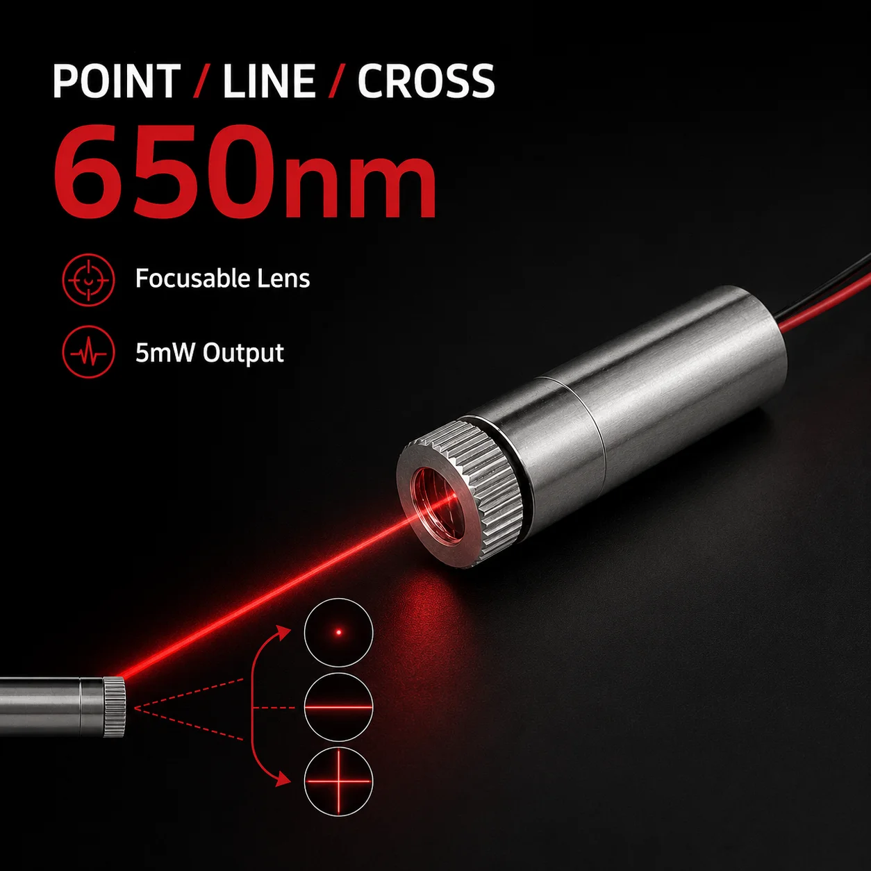 ZhonNa 650nm 5mW Red Laser Line Point Cross Module Head Focusable Industrial Woodworking Machinery Parts Accessories DC 3V-5V