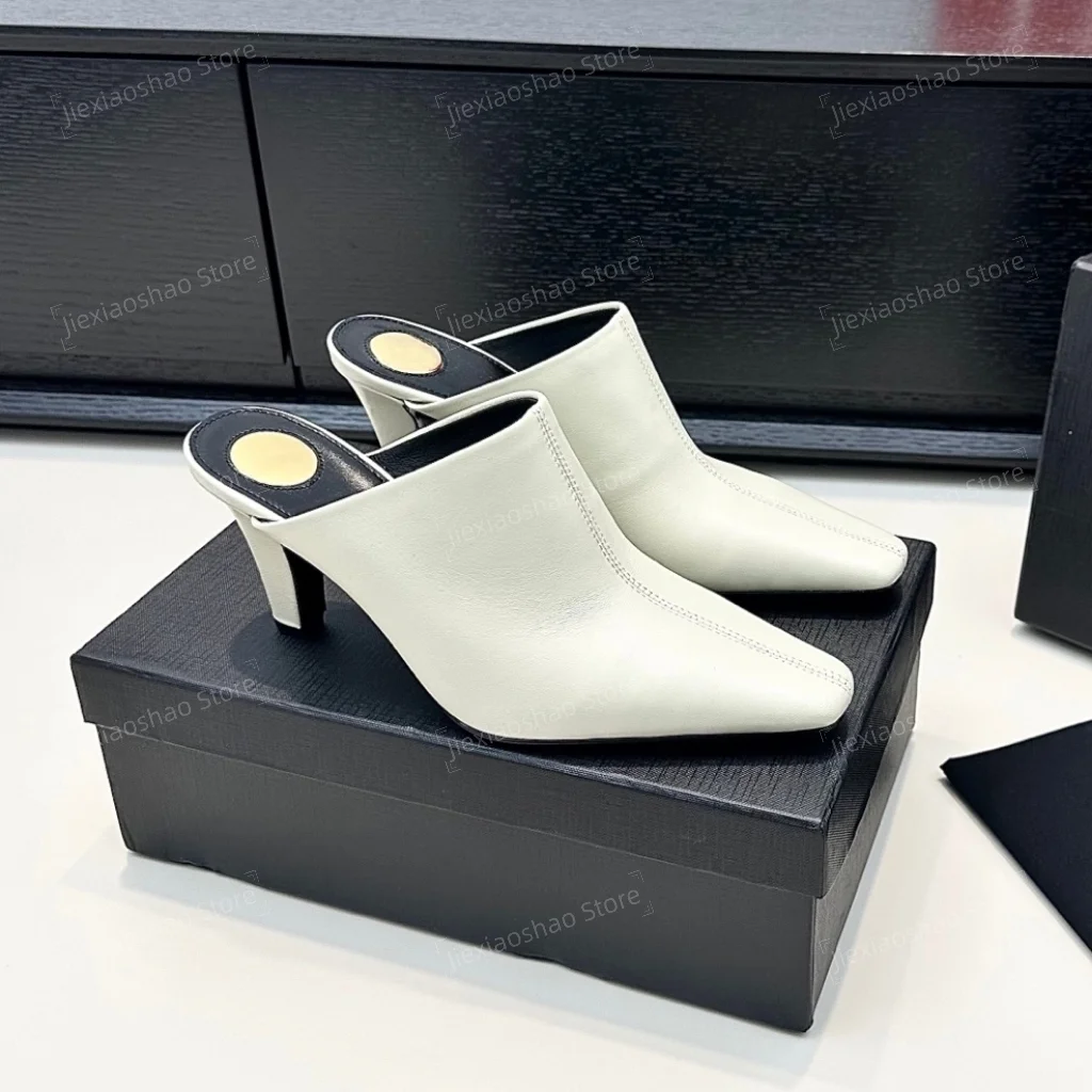 Sexy Genuine Leather Squre-Toe Spike Heel Woman Slippers Mules Slides Dress Pumps Exclusive Lazy Slides Oxfords Bota Feminina