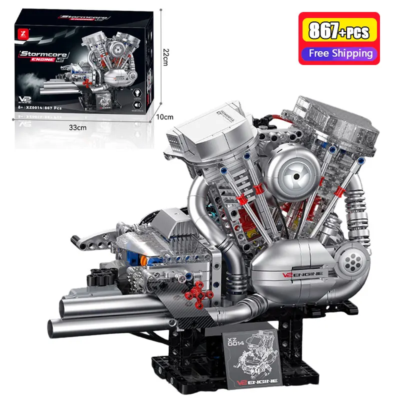 XZ0014 V2 Flathead Engine Model Kit 867PCS Classic Motorcycle Engine Building Blocks With Light And Spray Effect DIY Toys New