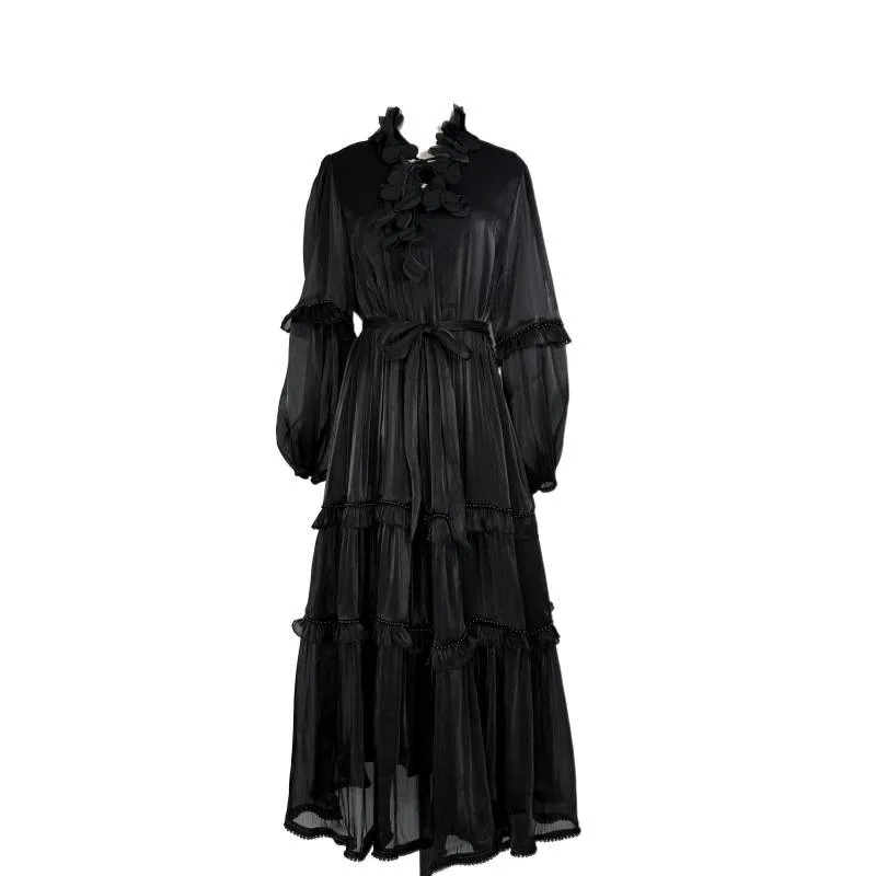 2026 ホリデー スレ フローラルタイ スタンドカラー マルチレイヤー パールレース ラージスイング ピュアカラー レディース ドルベルベット生地 ロングスカート