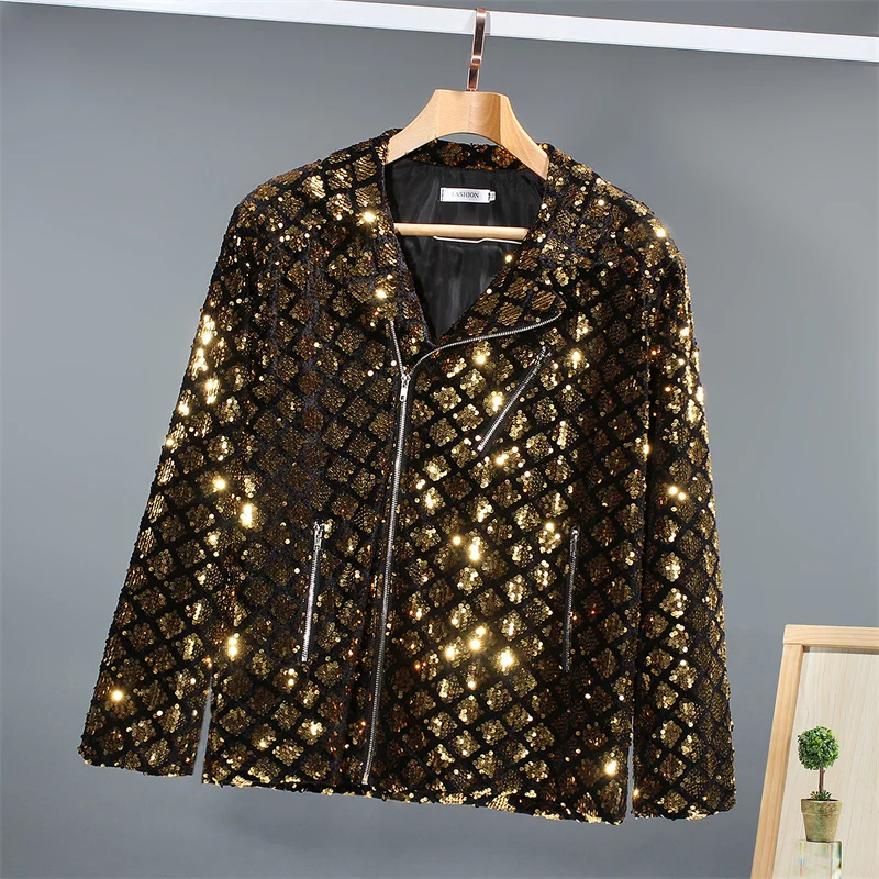 

New Shiny Singer Dancer Stage Men's Sequin Jacket Fashion Lapel Zipper Motorcycle Coat Man Gothic Punk Rock Performance Costume