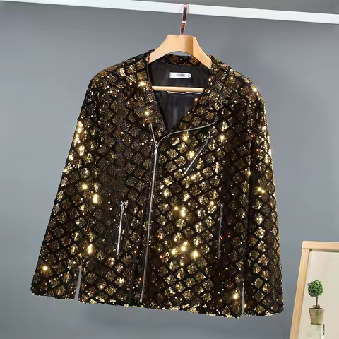 New Shiny Singer Dancer Stage Men's Sequin Jacket Fashion Lapel Zipper Motorcycle Coat Man Gothic Punk Rock Performance Costume