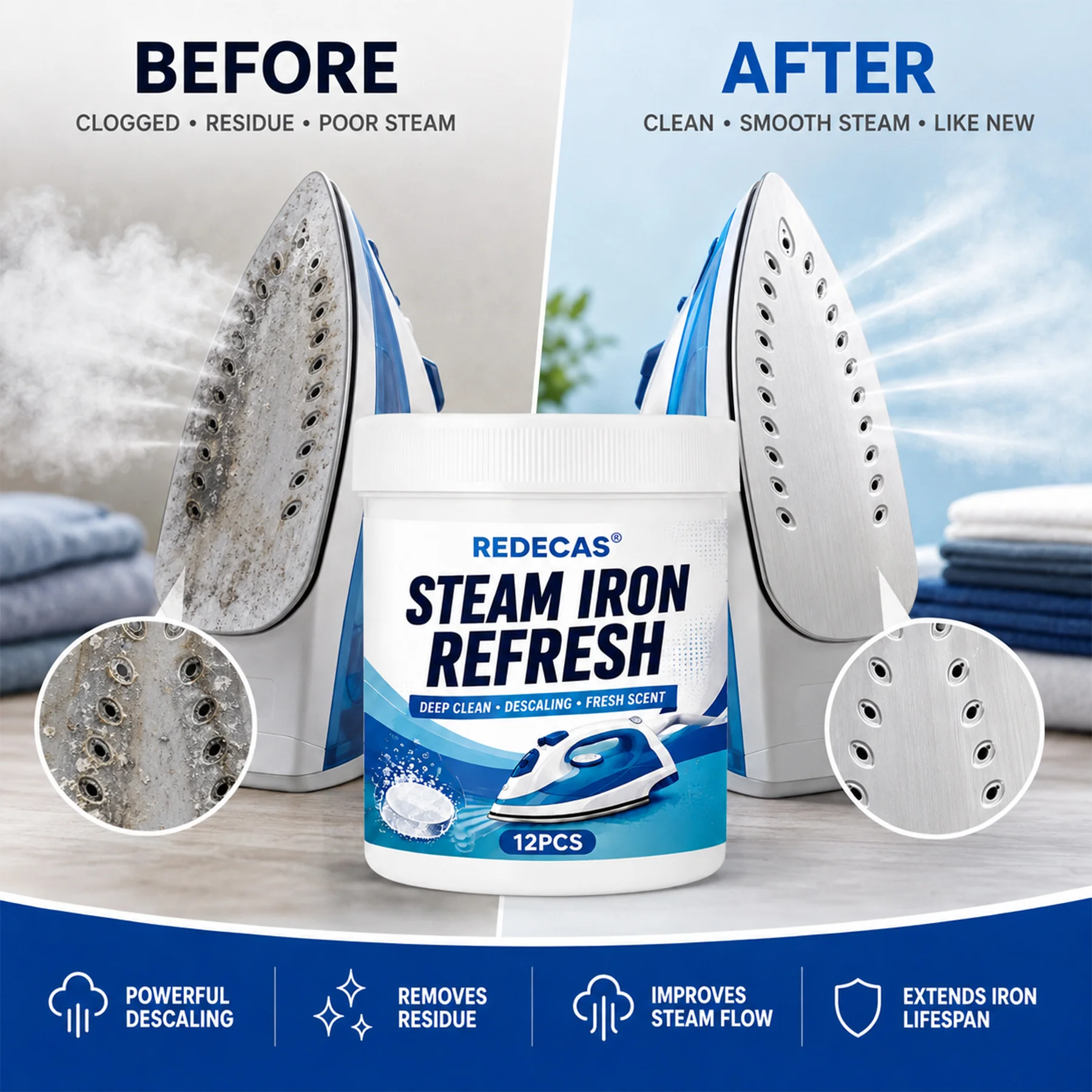 Steam Iron Descaling Tablets, Dissolve Limescale & Dirt, Restore Smooth Steam, Safe & Easy for Garment Steamer Daily Care