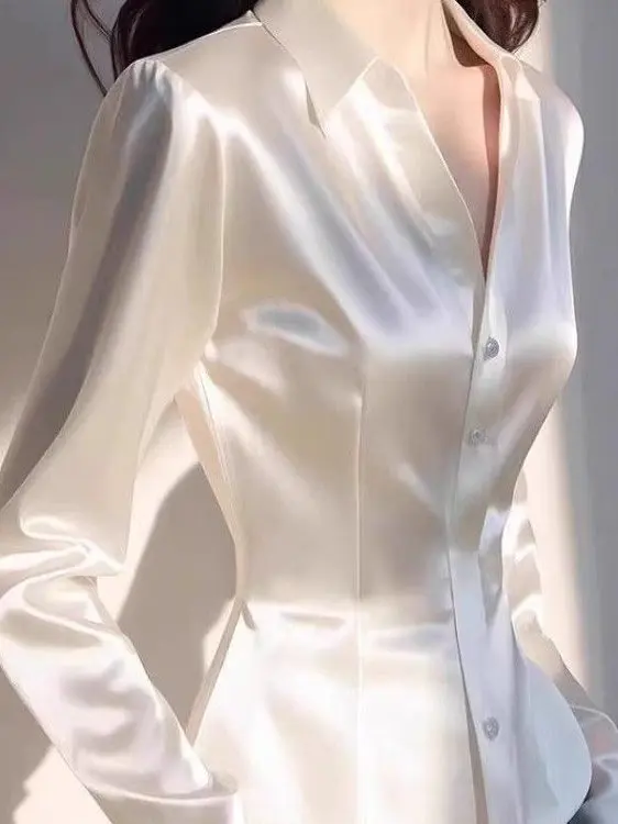 Elegant Acetate Satin Waist-Cut Shirt Women's Fashionable Unique Beautiful Top Commute Style Slim Fit Long Sleeve  Collar
