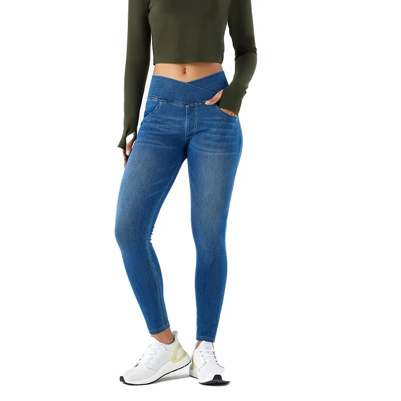 Women's Light Blue High Waist Jeans Cross Front Denim Pants Stretch Retro Whisker Wash Back Pocket Slim Fit Jeans