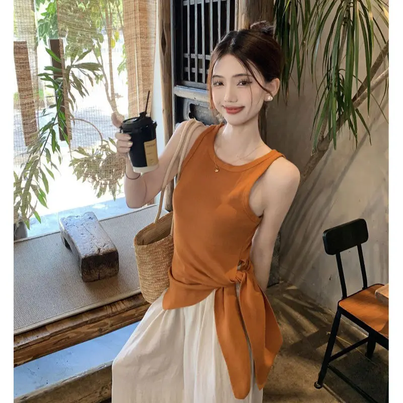 سترة بروتيل محبوكة بلون سادة لملابس الصيف، حزام خصر غير منتظم مفتوح بدون أكمام