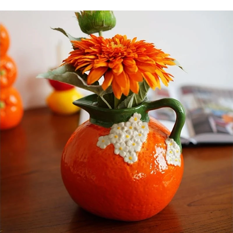 Hand Drawn Fruit Shaped Ceramic Vase Orange Flower Ware Arrangement Hydroponic Dried Home Decoration