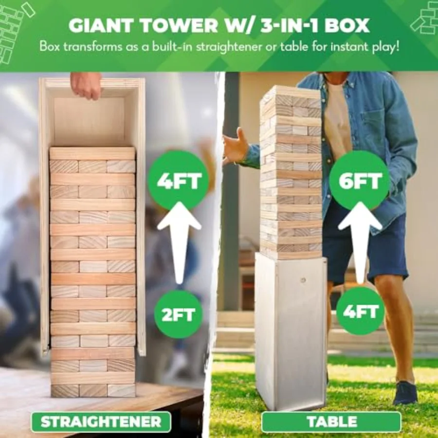 Games® - Giant Tower Game with 3-in-1 Straightener, Table and Storage Box - 90% Faster Set Up with Transforming Box and Straigh