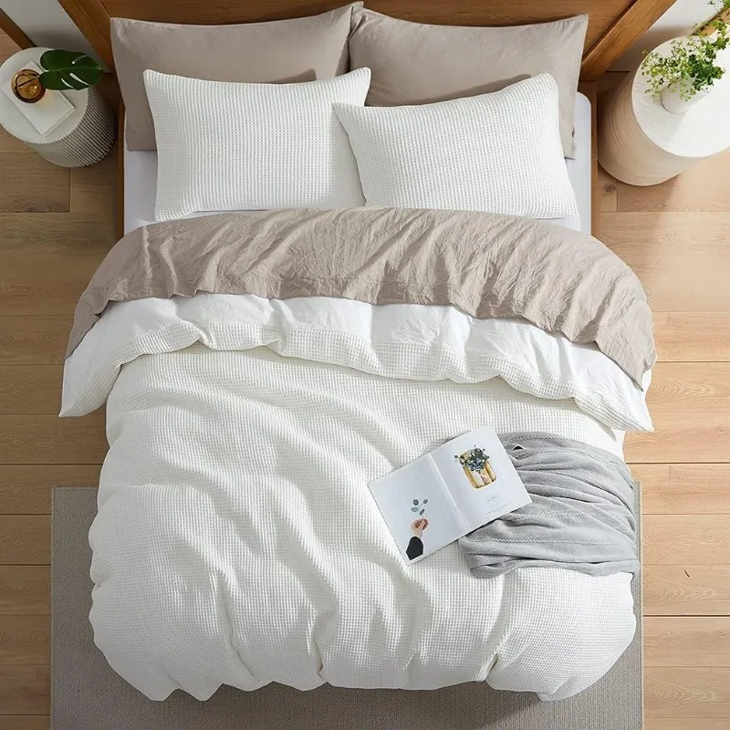 

100% Cotton Waffle Weave Duvet Cover Set,Luxury Bedding Set 3 Pieces,Easy Care,Simple Style for All Season, with Buttons Closure