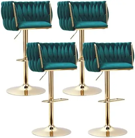 طقم كراسي بار مخملية خضراء مكونة من 4 قطع - كراسي دوارة قابلة للتعديل بأرجل ذهبية