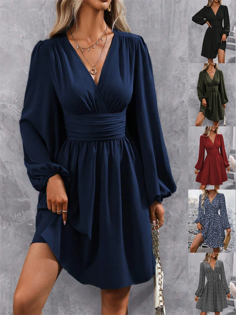 

Платья 2025, женская одежда, женские платья с v-образным вырезом и рукавами-фонариками, мини-платье, платье с рюшами на талии, элегантная женская одежда для вечеринки