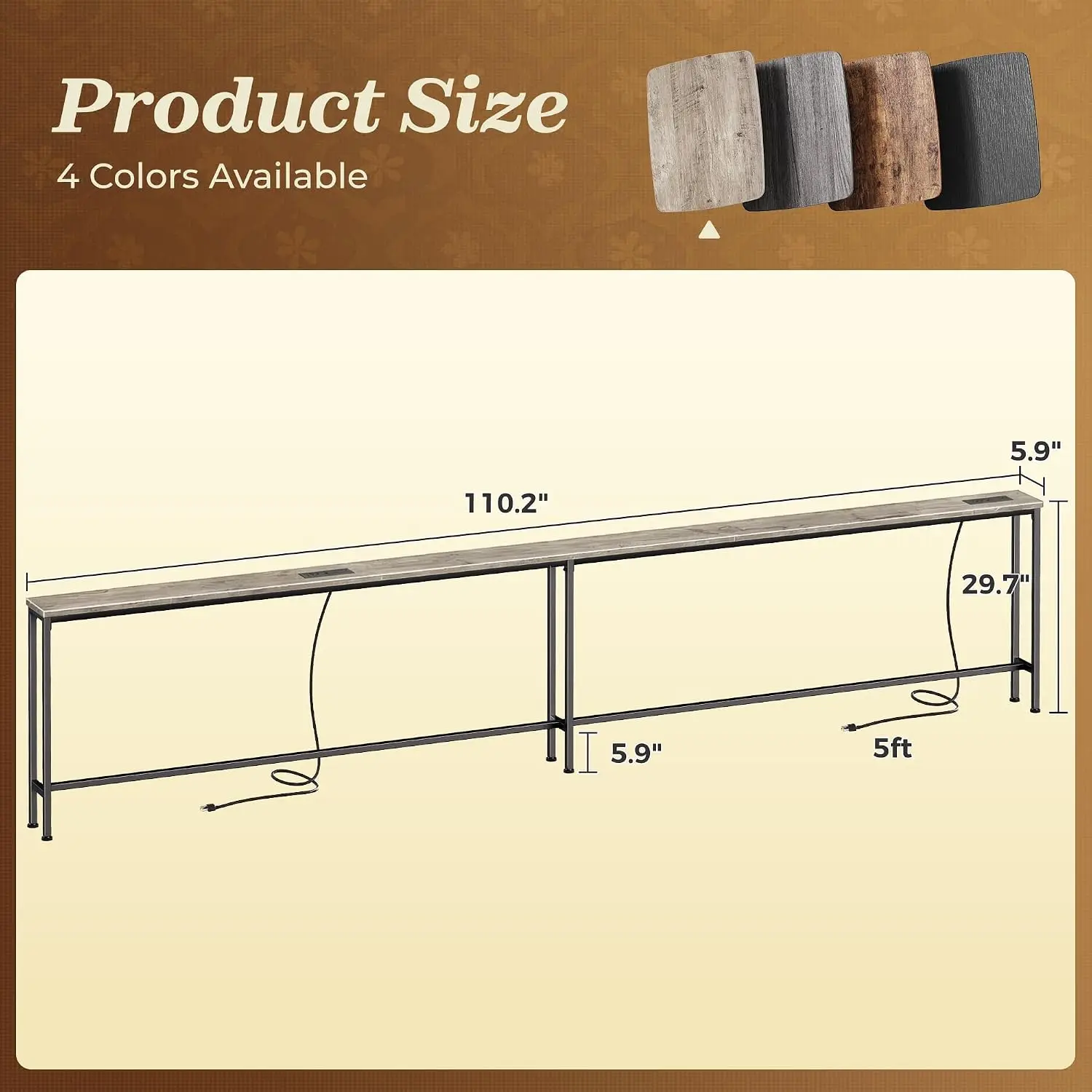 Narrow Console Table with Storage, 5.9 Inch Extra-Long Sofa Table with 2 Power Outlets and USB-C Ports, Entryway Hallway Couch Behind Sofa, Small Spaces (Oak, 5.9