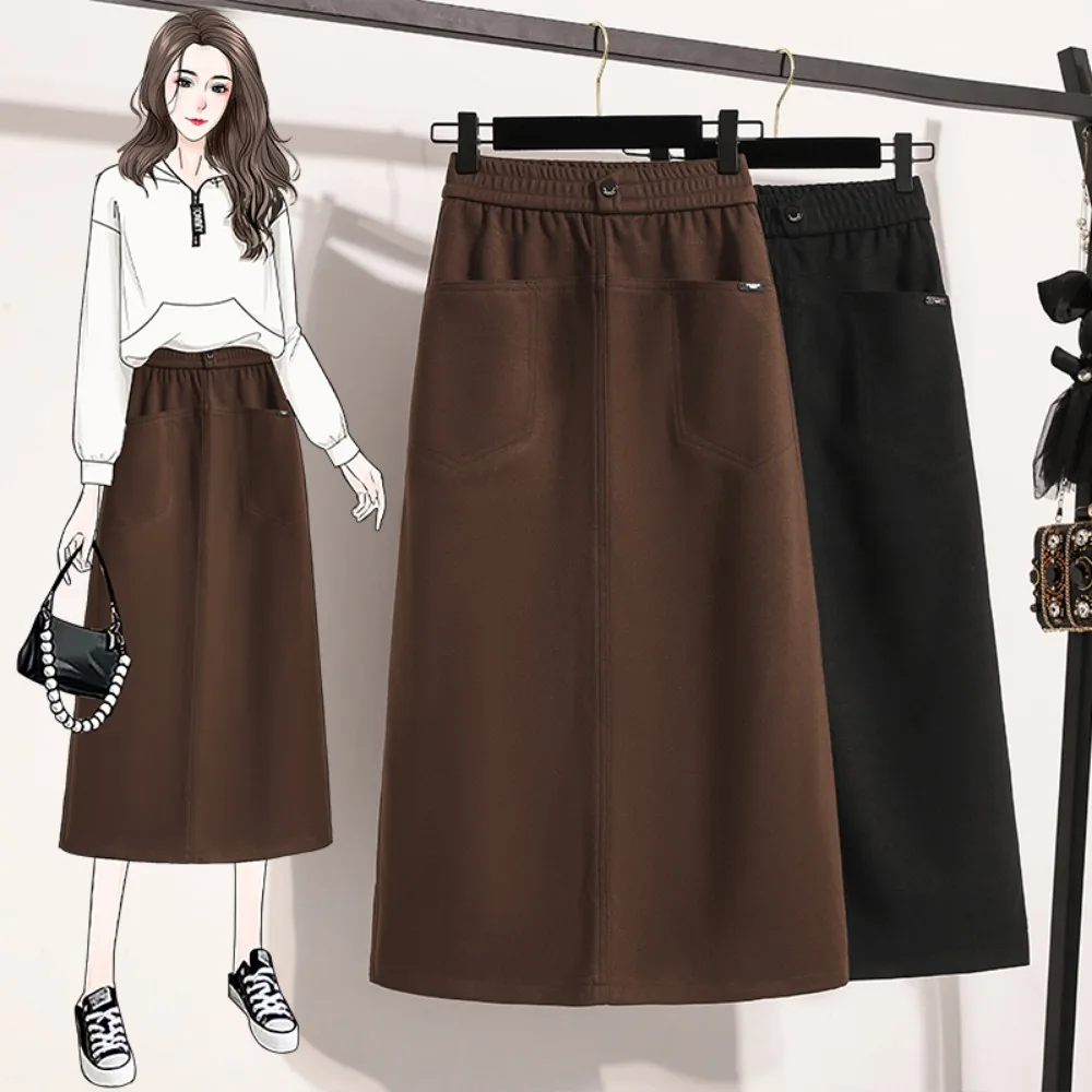 

Casual High Waist Pockets Long Pleated Skirts Korean Streetwear Fashion Autumn Plus Size Clothing