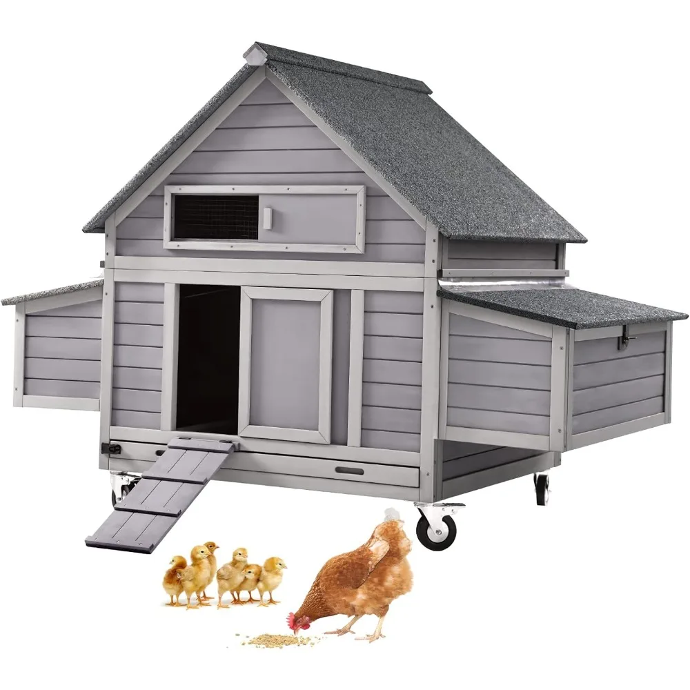 

Chicken Coop Poultry Cage on Wheels Outdoor Duck Coop Wooden Hen House with Large Nesting Box, Movable