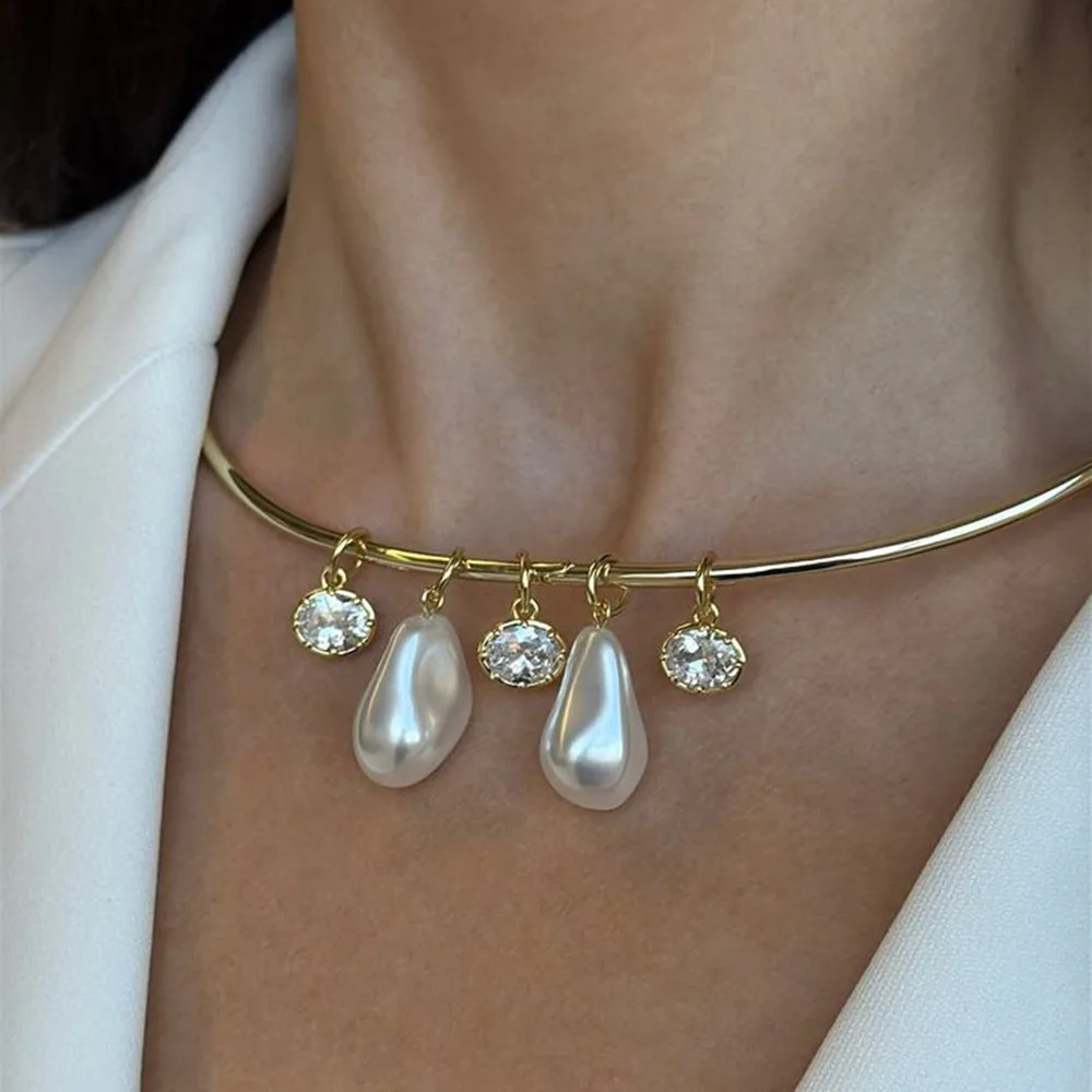 2026 Geometric Zircon Pendant Torques Necklace 18K Gold PVD Plated Stainless Steel Fashion Jewelry Gift for Women Girls