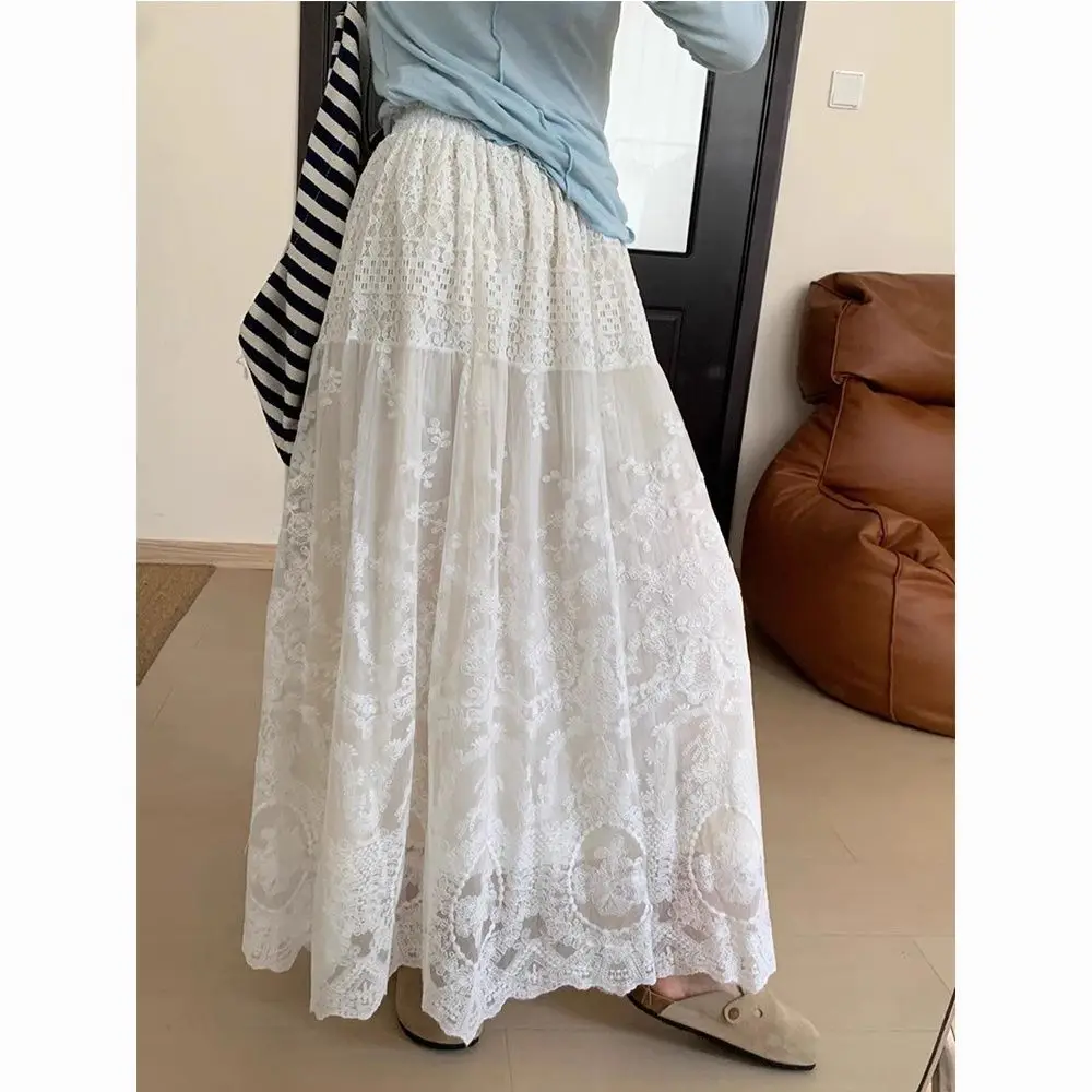 

White Lace A-Line Midi Skirt Women's High Waist Slim Fit Umbrella Skirt Spring 2026 New Style Casual Polyester Fabric