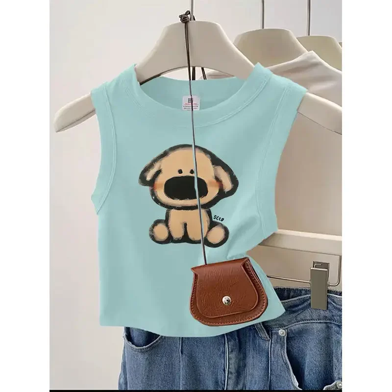 Gilet à bretelles en pur coton bordeaux pour fille épicée, imprimé de dessin animé, petit haut court sans manches pour femmes, nouvelle collection été 2024