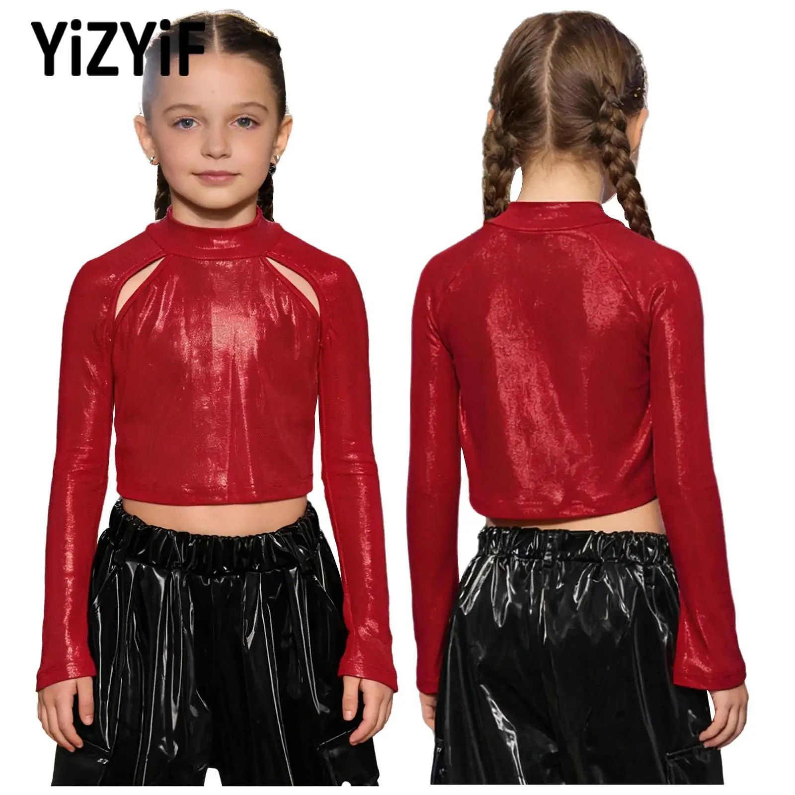 

Children Girls Jazz Dance Tops Hip Hop Performance Costume Long Sleeve Keyhole Front Shiny Crop Top for Musical Party Clubwear