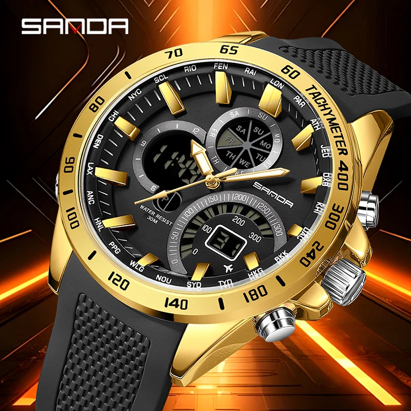 Sanda 3175 Hot Selling Men\'s Electronic Quartz Watch Full Steel & Silicon Core Black Technology Multi Functional Waterproof