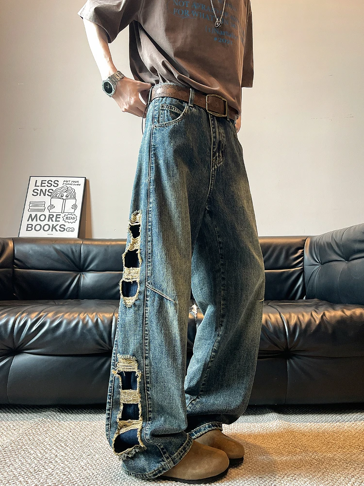 الرجعية الأمريكية خمر واسعة الساق الجينز الرجال Personali فضفاض مستقيم السراويل الطويلة الشباب العصرية الربيع عادية فضفاض صالح #1