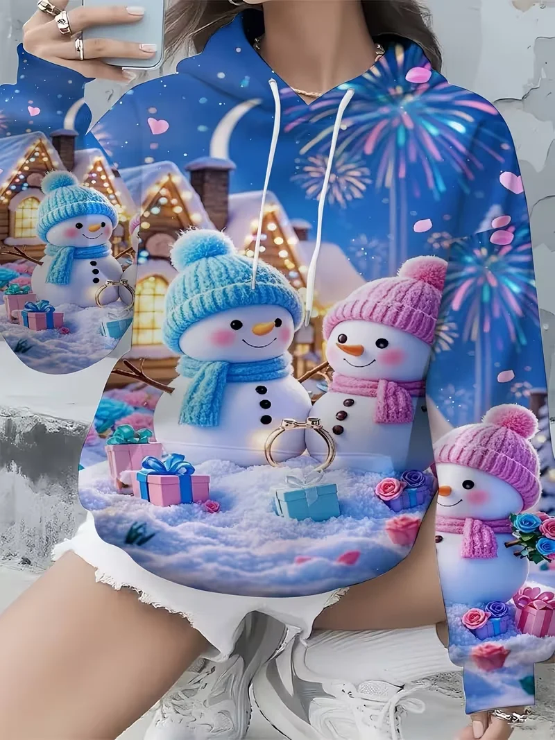 Womens Casual Christmas Snowflake 3D Pattern Hoodied Sweatshirt  Autumn Winter New Long Sleeve Christmas Snowman Print Hood Tops