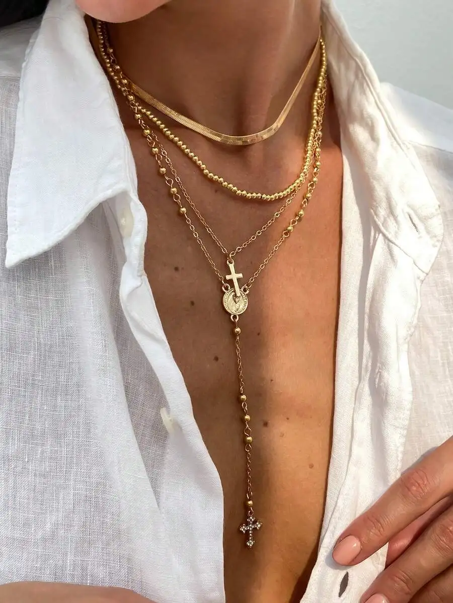 

4pcs Boho Layered Beaded Cross Virgin Mary Pendant Necklace Set For Vacation Prayer