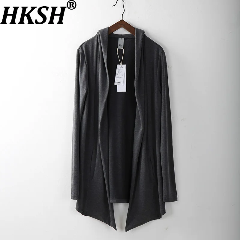 

HKSH Spring Autumn New Men Trendy Casual Solid Knitted Cardigan Mid-Length Jacket Retro High Street Hooded Design Trench HK11953